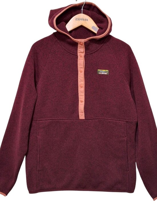 L.L.Bean Tops - L.L.Bean Womens Burgundy Fleece Pullover Hoodie Pink Accent Trim Sz M Cozy